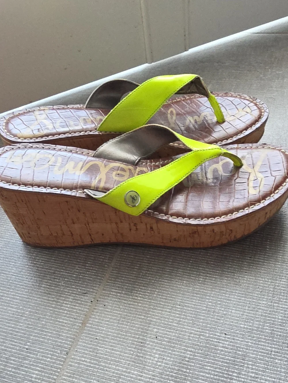 Sam Edelman Neon Lime Wedge Thong Sandals